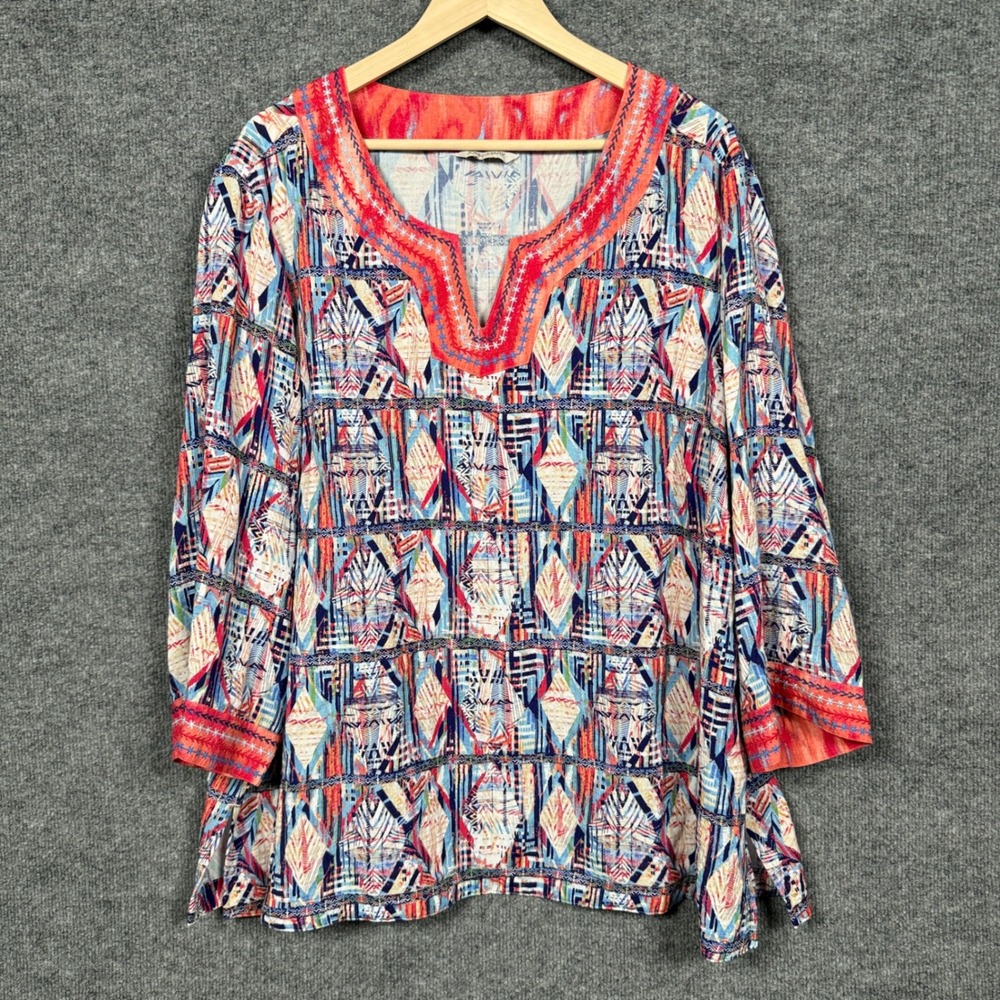 John Mark Plus Sz 1X Split Neck Boho Tunic Top Embroidered Abstract Art to Wear